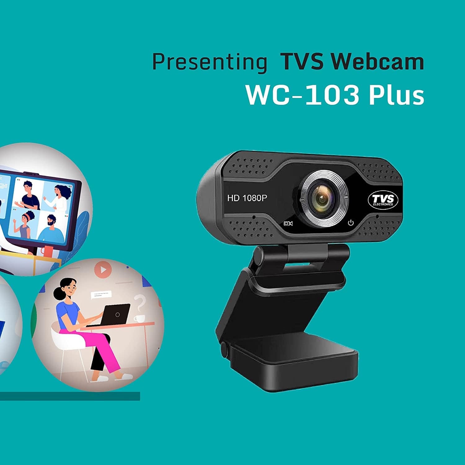 TVS Electronics Webcam WC 103 Plus Built-in Digital mic for HQ Sound | Light Compensation | 1080p HD Video Calling | Video @ 30 FPS | Wide Angle Lens-Web Camera-dealsplant