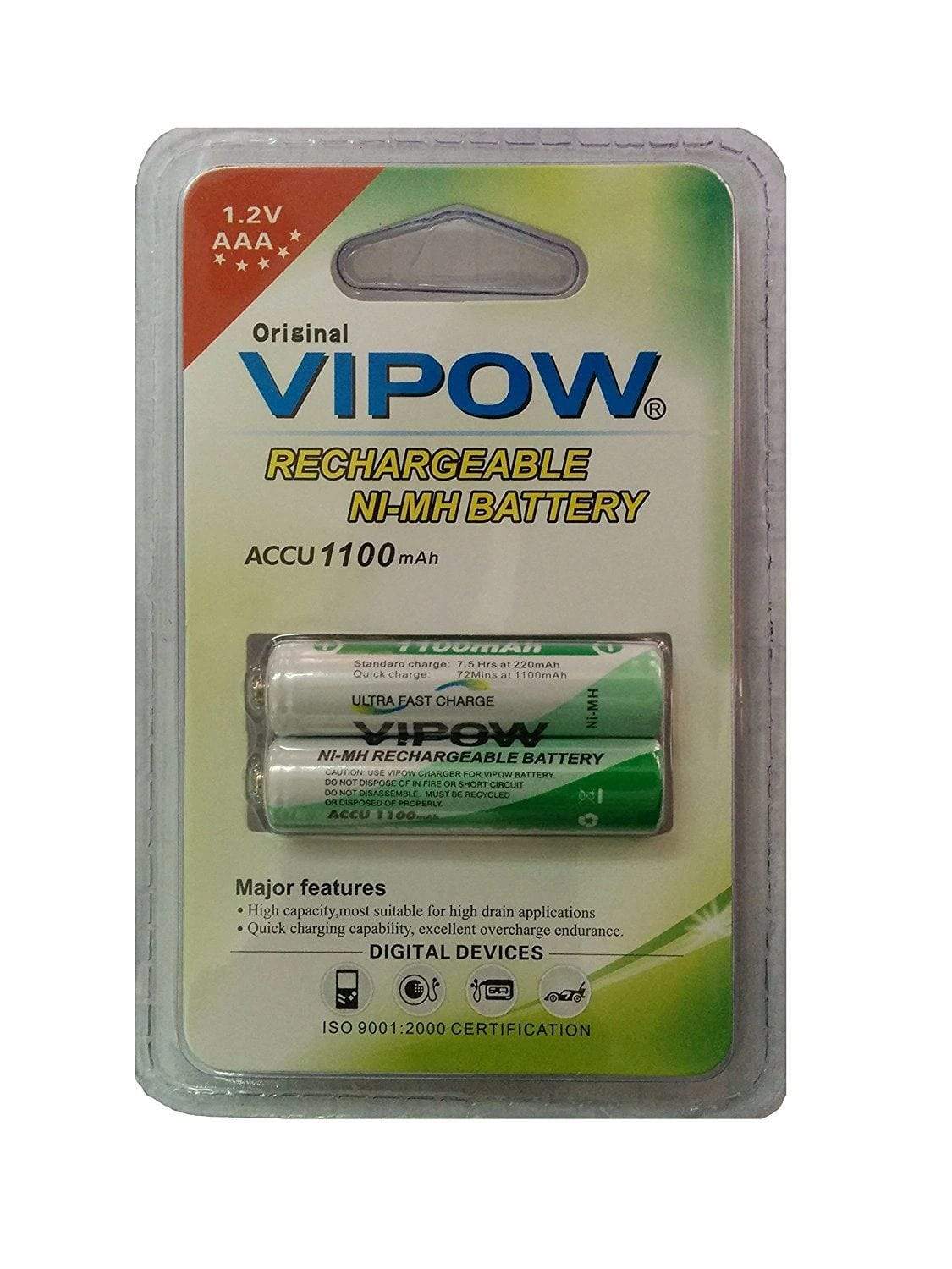 Vipow 1.2V Ni-Mh AAA 1100mah Rechargeable Battery 1 pack (2-Pieces)-Rechargeable Batteries-dealsplant
