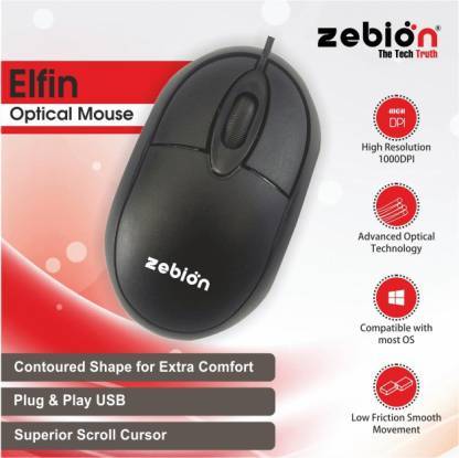 zebion ELFIN Wired Optical Mouse (USB 2.0, Black)-MOUSE-dealsplant